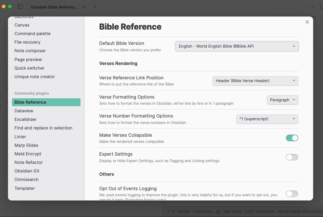 Obsidain Bible Reference Settings