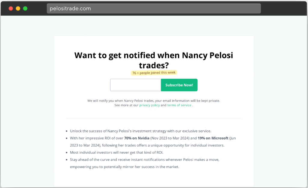 Pelosi Trade Screenshot, politicians' trade information